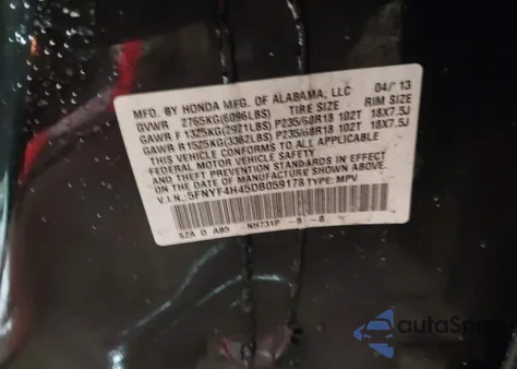 2013 Honda Pilot Ex из США, поврежденный, VIN 5FNYF4H45DB059178